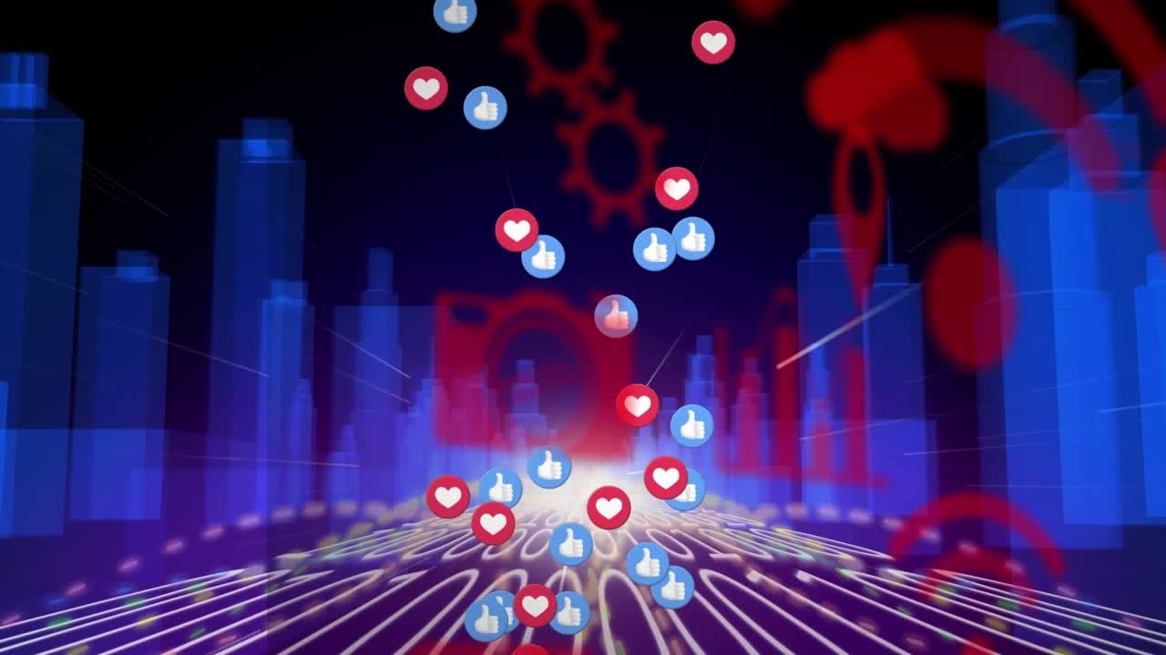 Animation of multiple icons, lens flare and binary codes moving amidst 3d model of buildings