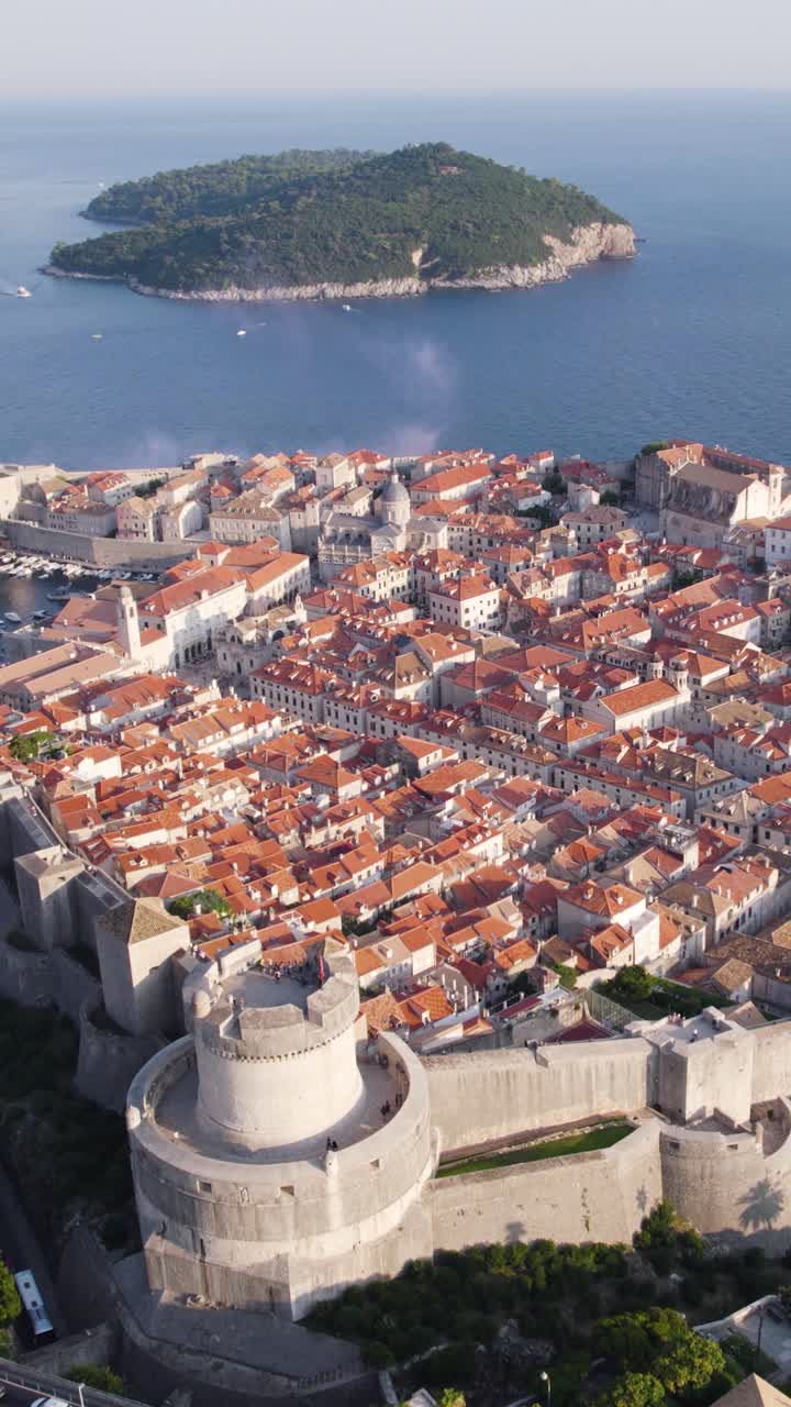Aerial view of the iconic Minceta Tower, a prominent feature of Dubrovnik's ancient city walls, showcasing the rich history and architectural beauty of the Croatian city