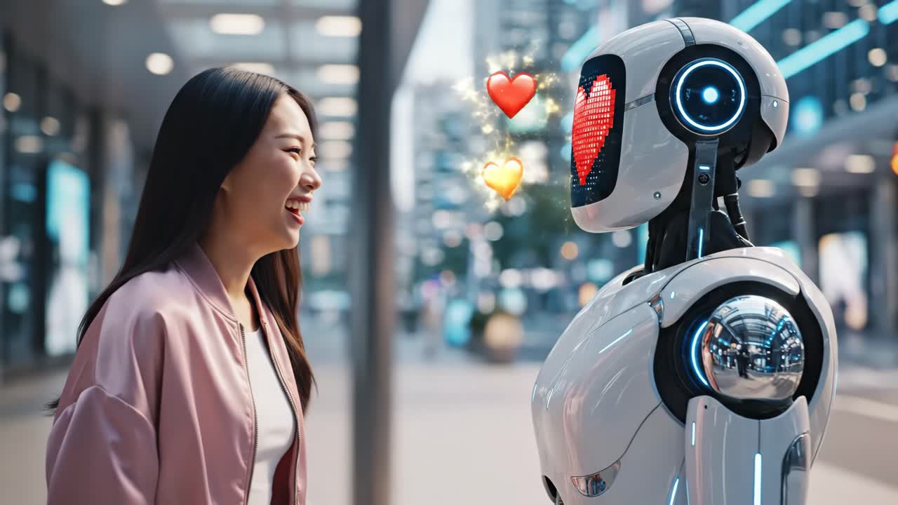 A Woman and a Robot Sharing a Moment in the City