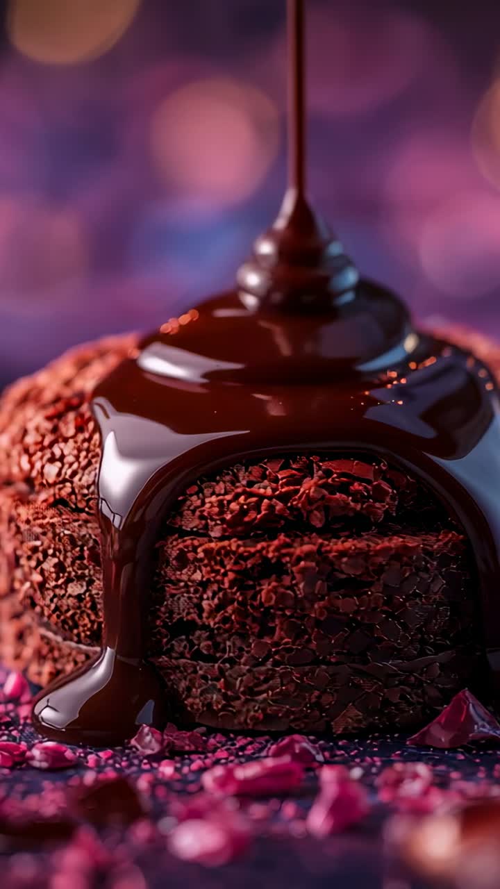 Vertical video: Pouring chocolate sauce over round cake on tabletop with berries and petals