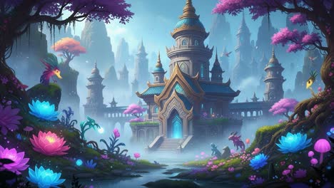 a mystical fantasy castle surrounded by enchanted gardens filled with vibrant flowers, colorful creatures, and ethereal atmosphere in a dreamlike landscape