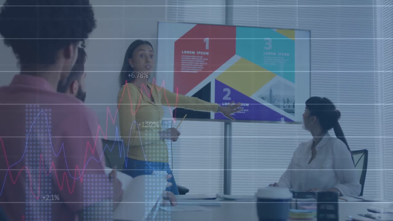 Animation of statistical data processing over african american woman giving a presentation at office