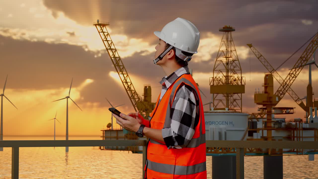 Side View Of Asian Male Engineer With Safety Helmet Using Smartphone And Looking Around While Standing With Offshore Hydrogen Production