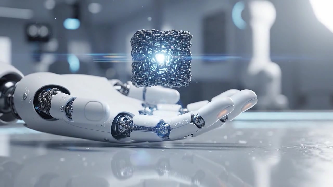 A robotic hand presents a floating metallic cube, showcasing advanced technology in robotics, artificial intelligence, and future innovations in automation.