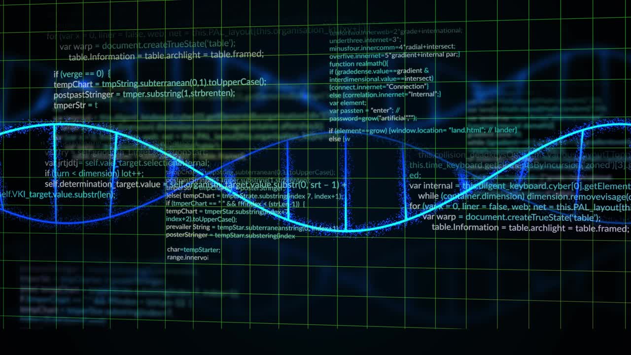 Glowing cyan double helix emerging left, undulating rightward while code appearing for diagnostics