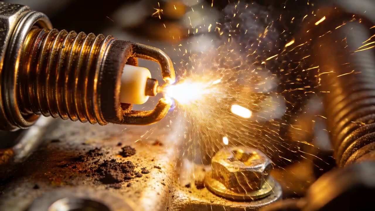 Threaded spark plug receiving coil voltage and emitting plasma in engine head, with glowing sparks