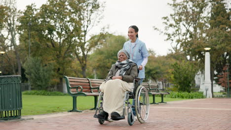 Nurse,-walking-and-park-with-old-woman