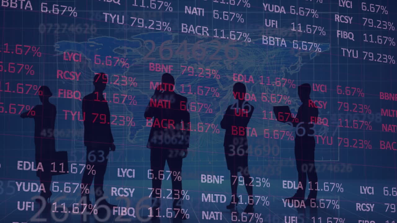 Animation of financial data processing over silhouettes of business people