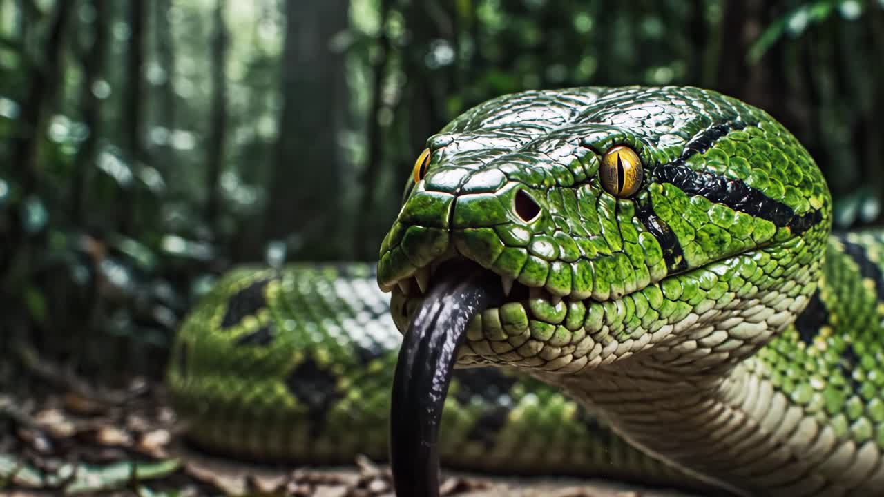 Close-up of a Green Snake in the Forest