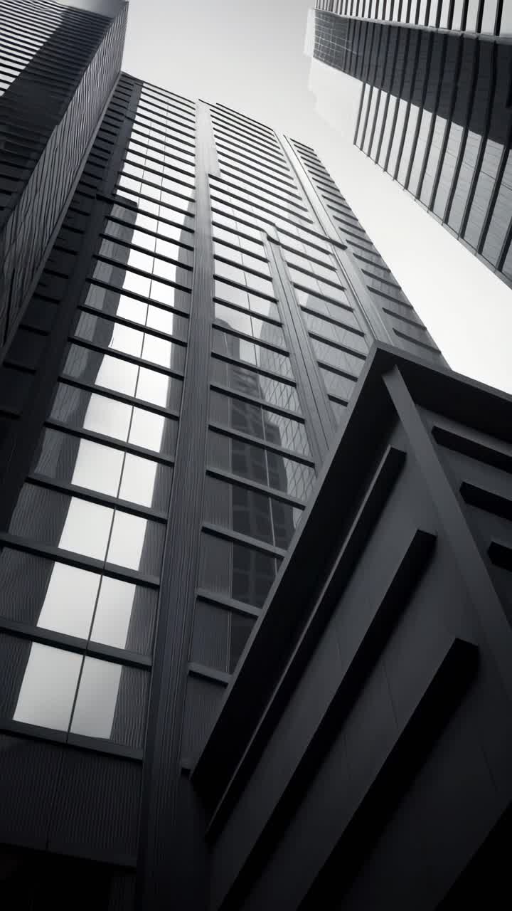 Drammatica ripresa video dal basso di moderni grattacieli, che enfatizza l'altezza e il design elegante.
