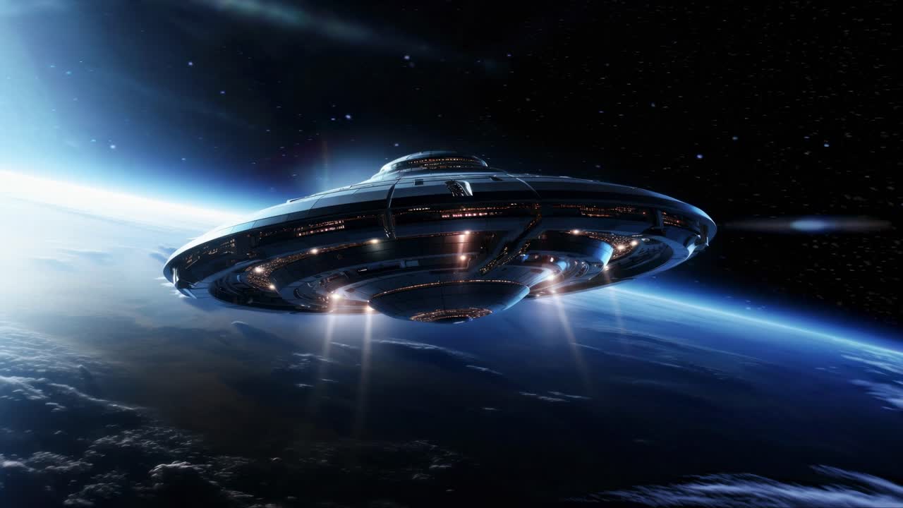 A futuristic spaceship hovers above Earth, captured from a low-angle in a cinematic video style