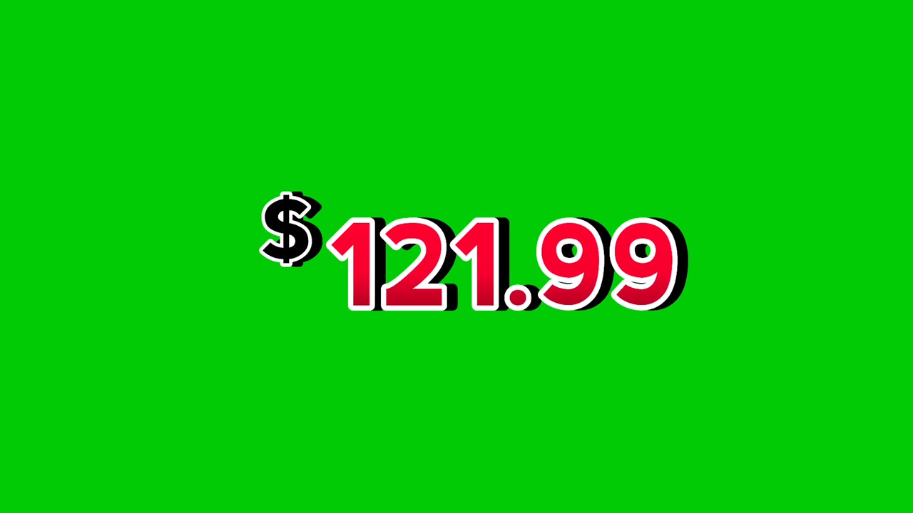 Yeşil ekran arka planında duman efektleri olan animasyonlu kırmızı 121,99 dolarlık fiyat etiketi hareketli grafikler. Reklamlar, e-ticaret, perakende, indirimler ve tanıtım videoları iş konsepti video öğesi için mükemmeldir