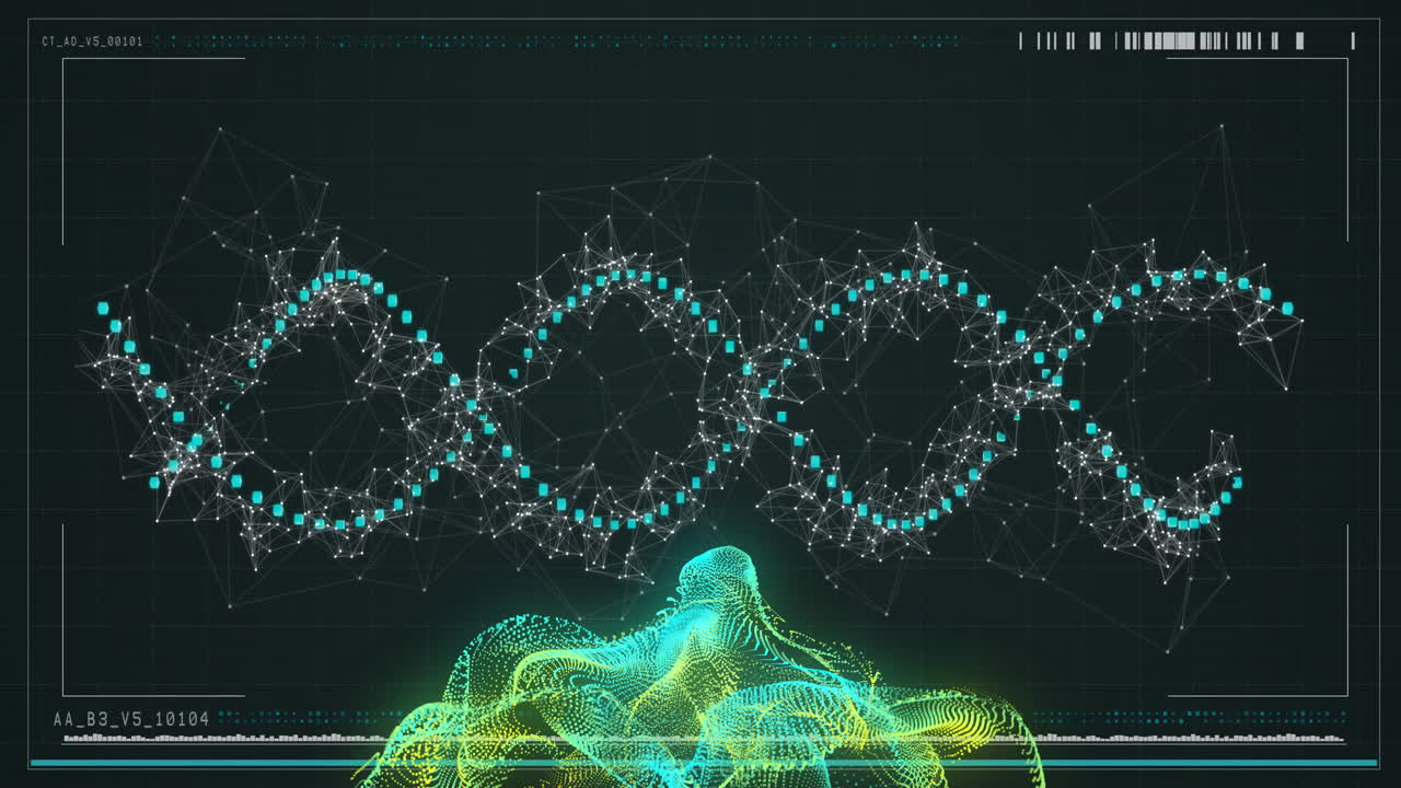 Abstract human figure and DNA strands, scientific data processing animation
