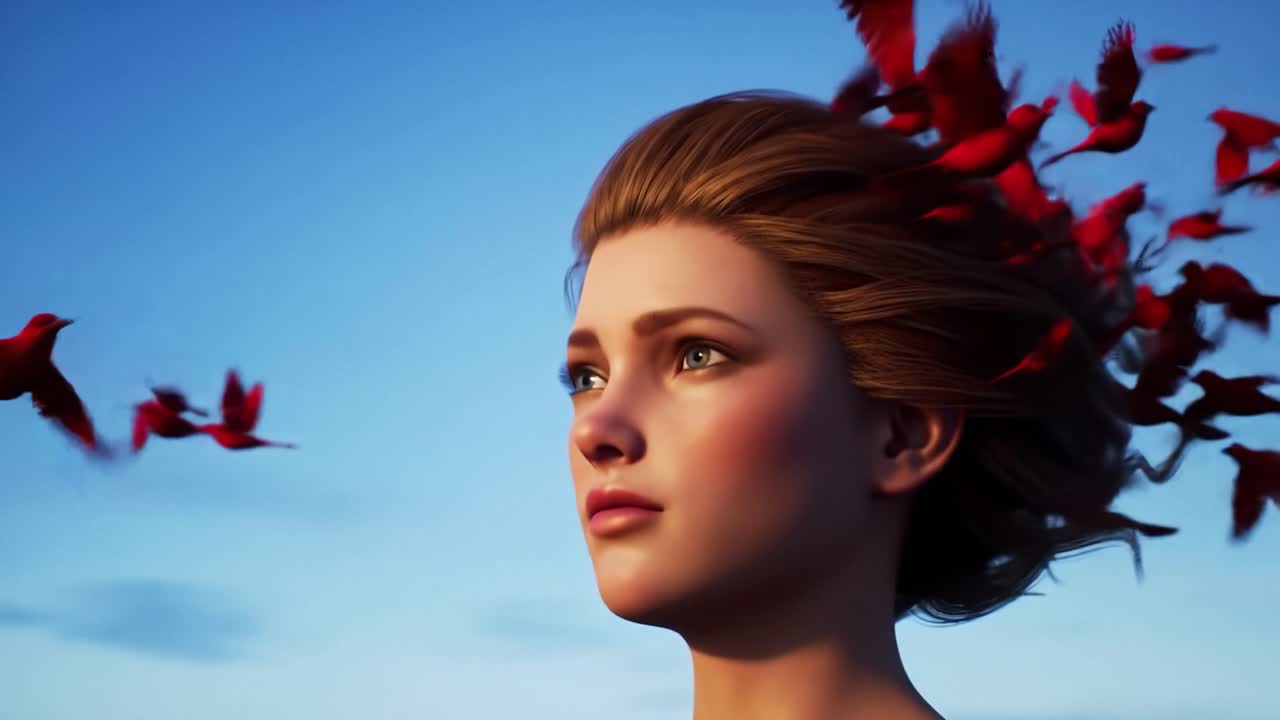 Beauty and freedom intertwine in a breathtaking moment with crimson birds soaring against a blue sky