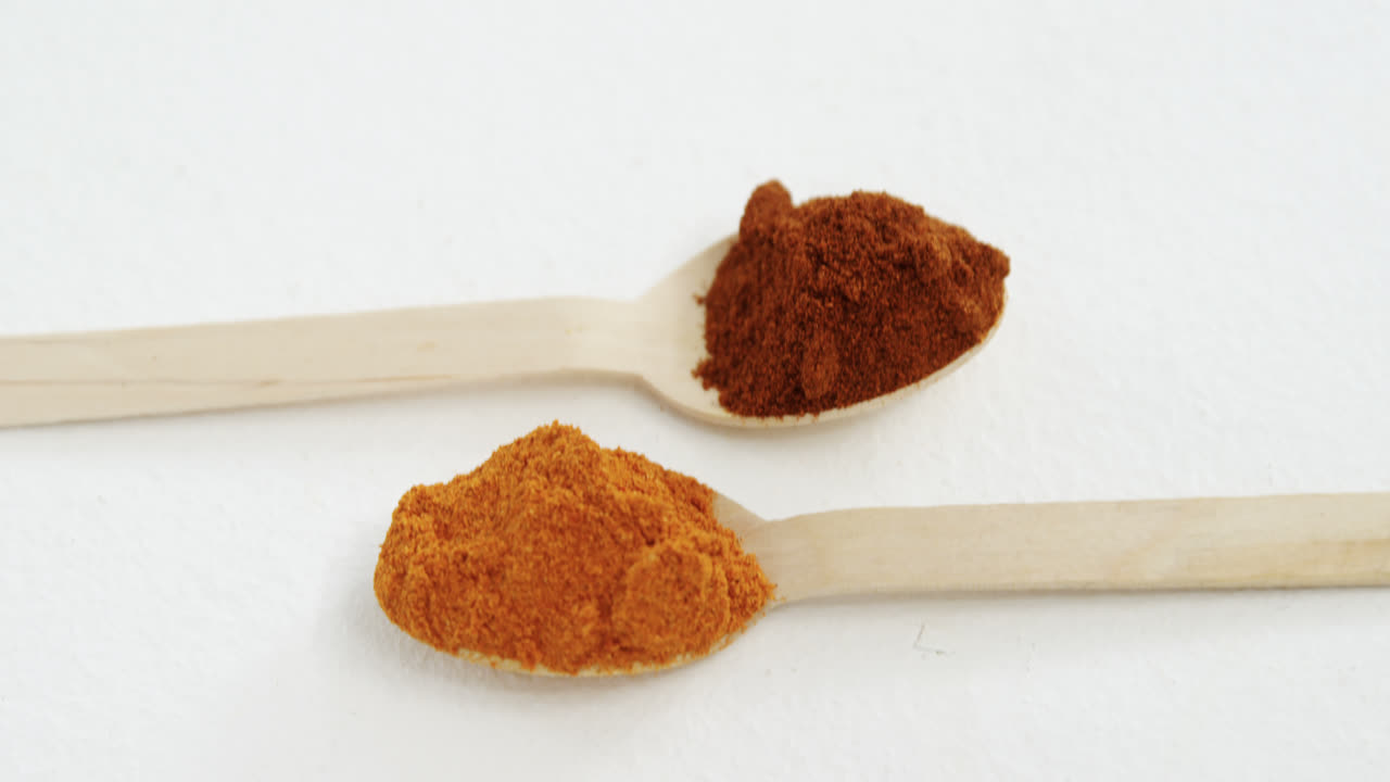 Various spices in spoon on white background 4k