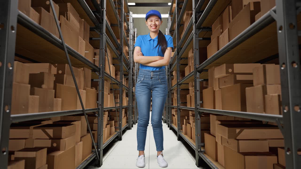 cuerpo lleno de mensajera asiática en uniforme azul sonriendo cruzando los brazos en el almacén