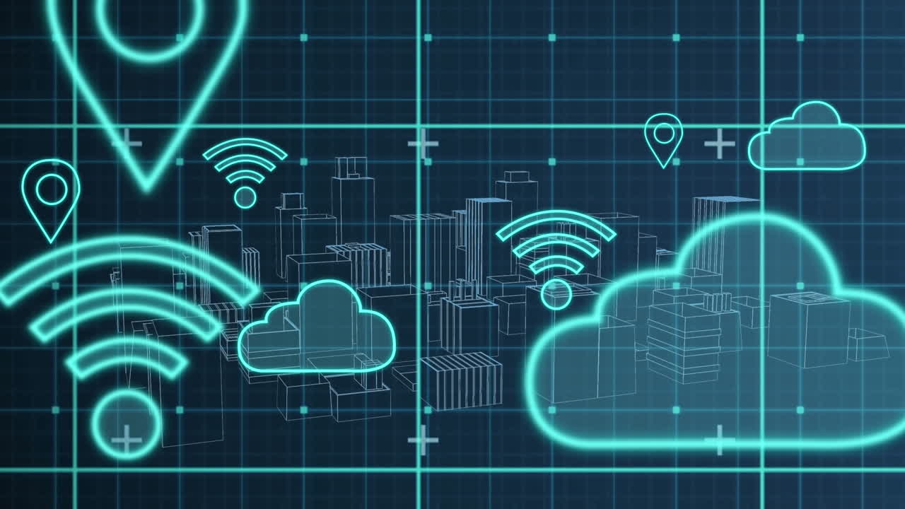 Animation of digital clouds and icons flying over cityscape