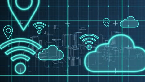 animation of digital clouds and icons flying over cityscape