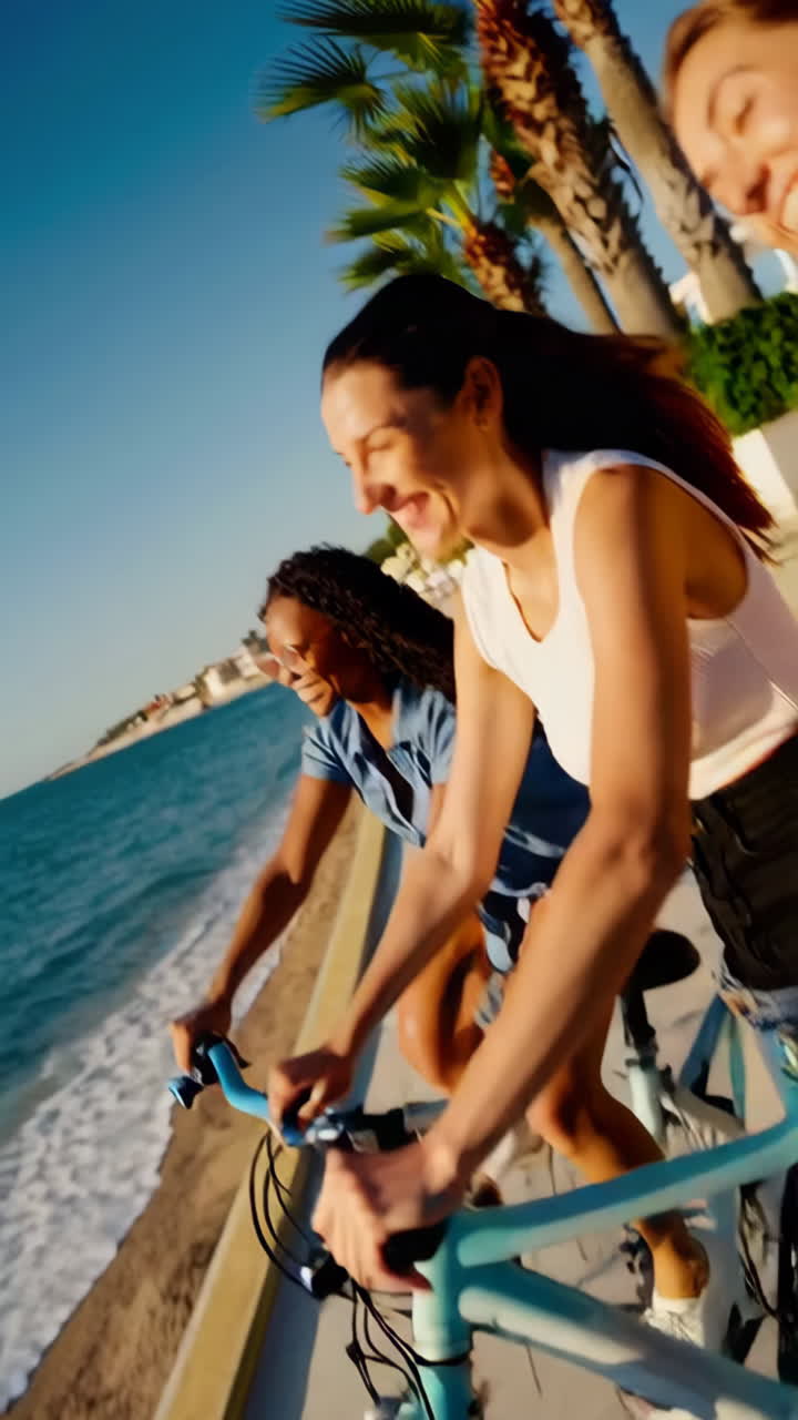 Friends cycling along the beach on a sunny day