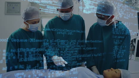 animation of data processing over team of surgeons discussing together at hospital