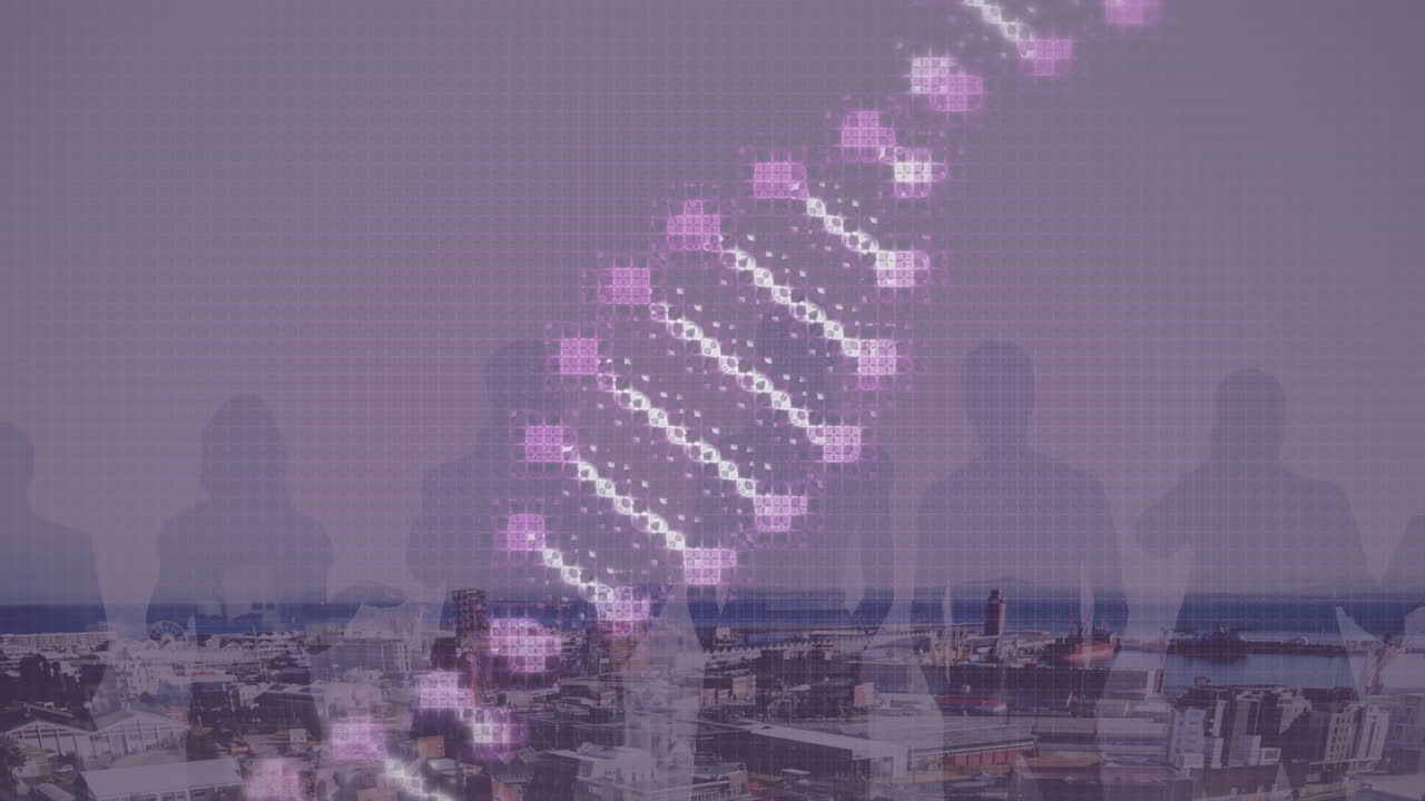 도시 풍경 위에서 회전하는 dna 가닥의 애니메이션