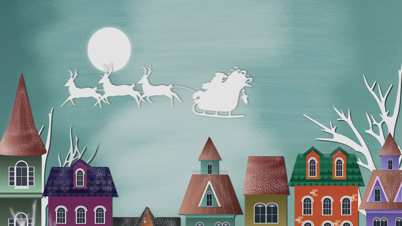 산타클로스 의 실루 ⁇  이 달 과 도시 풍경 에 대항 하여 사 ⁇  들 이 끌고 있는  ⁇ 매