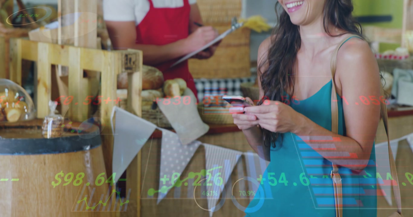 Camera widening, woman tapping smartphone to view sales data at bakery stall, charts overlaying