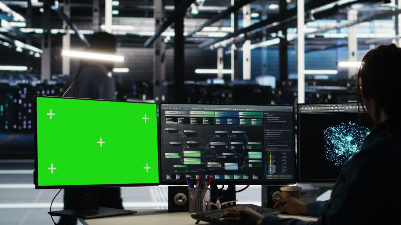 Data center technician using node tree software on mockup PC to analyze datasets