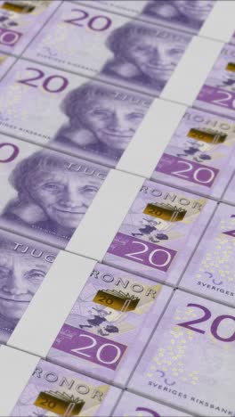 video vertical de billetes de 20 coronas suecas impresos por una imprenta de dinero