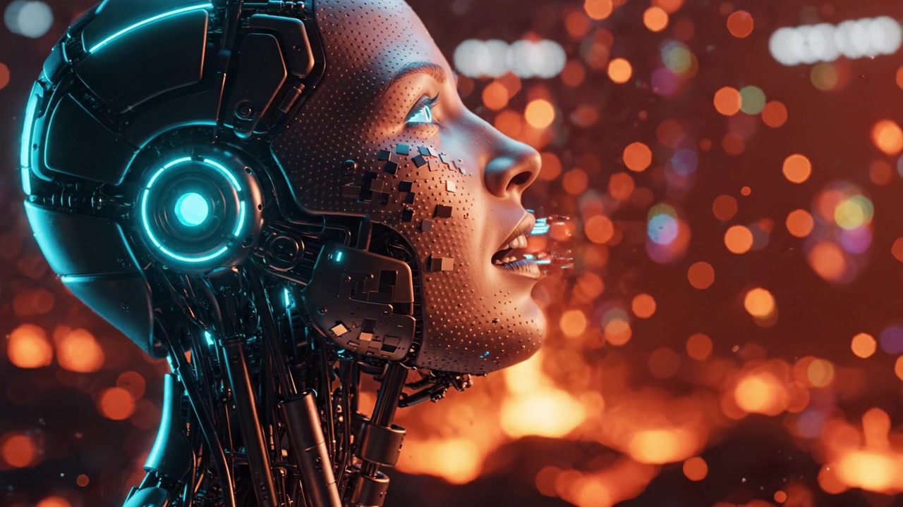 Testa robotica futuristica che mostra emozioni espressive e dettagli intricati, circondata da un ambiente astratto e luminoso, illuminato da luci bokeh colorate.