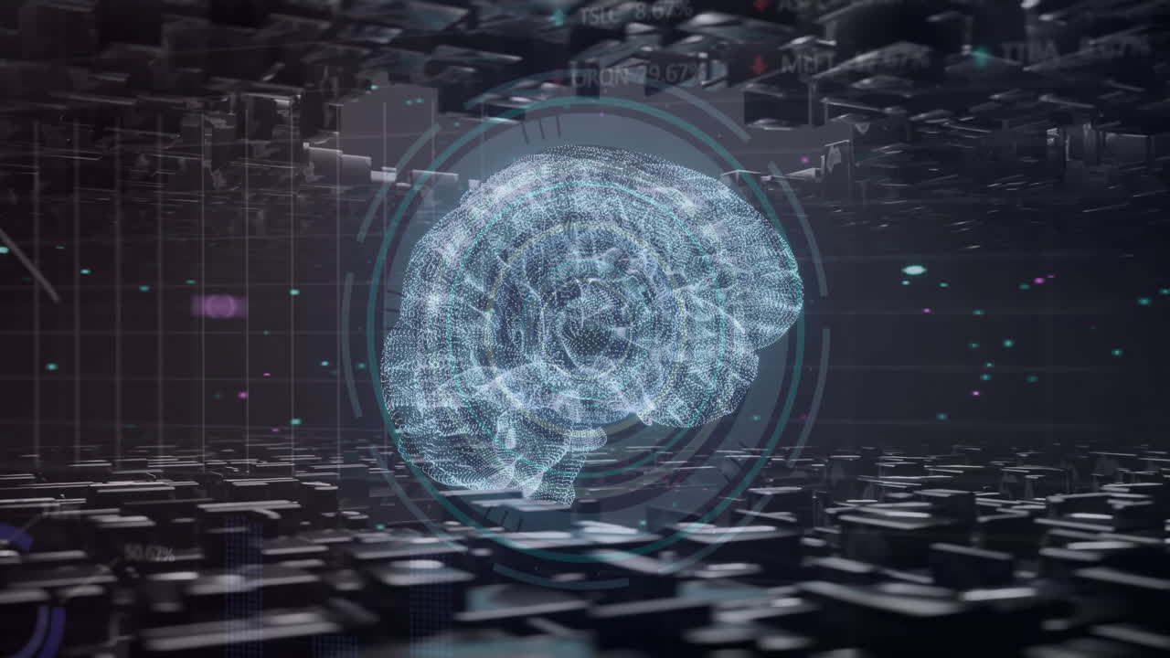 Animation of ai data processing and brain over black background