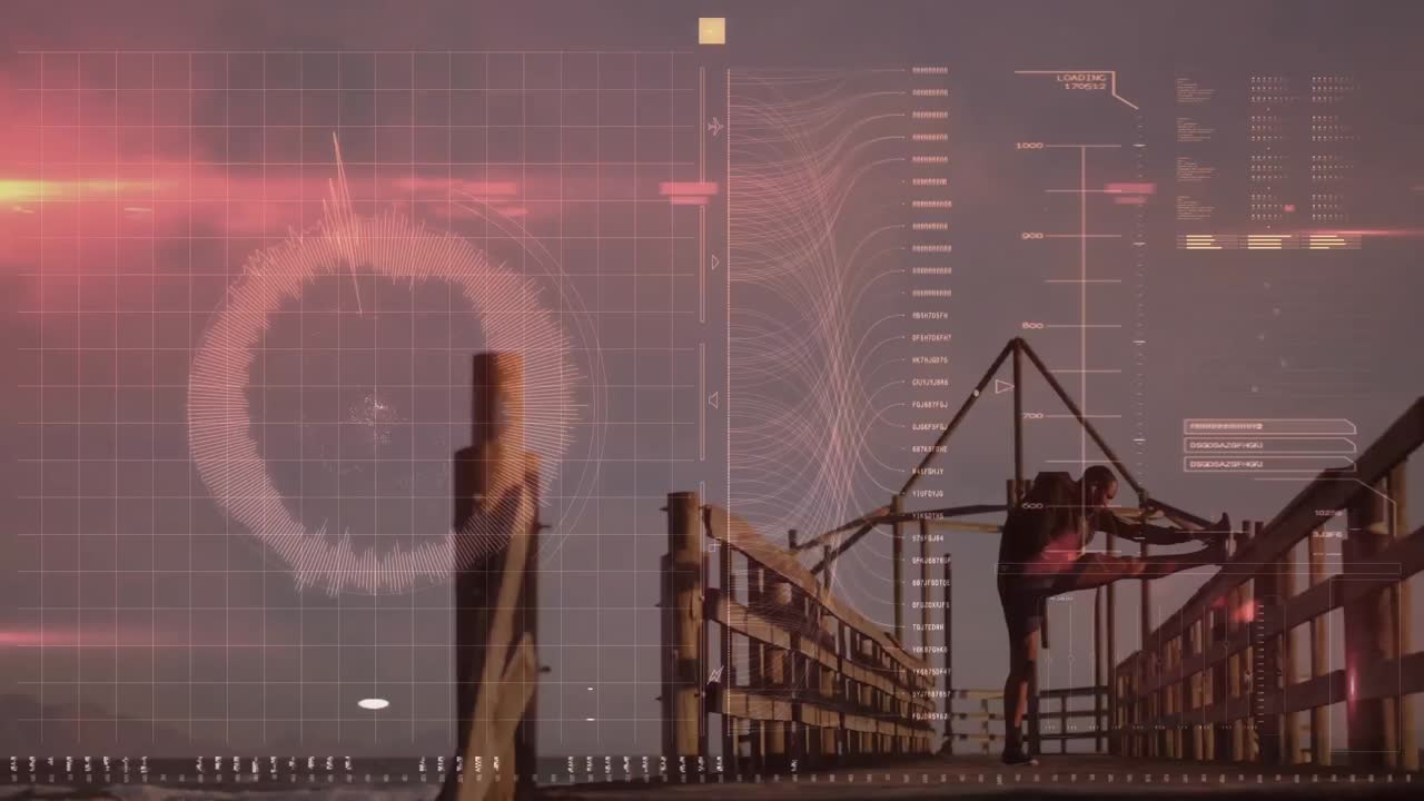 animación del procesamiento de datos sobre un hombre en forma haciendo ejercicio en la playa