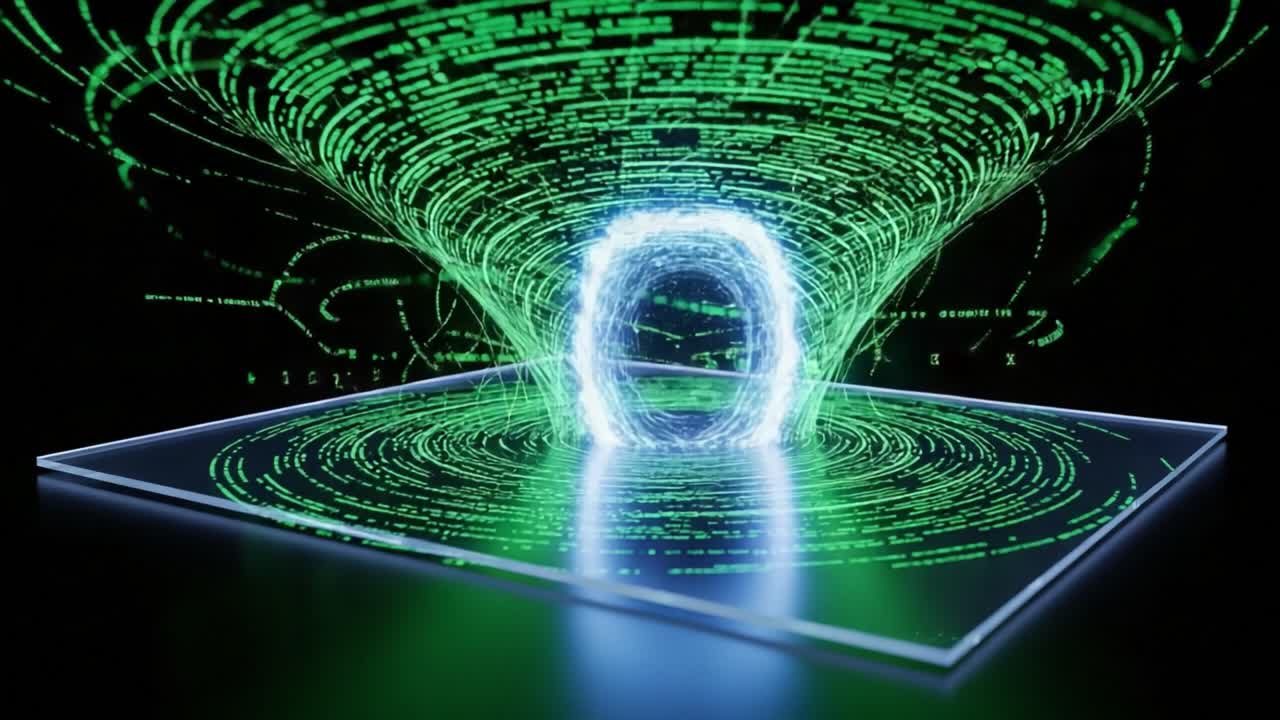 Exploring the Visual Representation of a Digital Vortex: A Computer-Generated Portal Surrounded by Flowing Data Streams and Patterns of Green Light