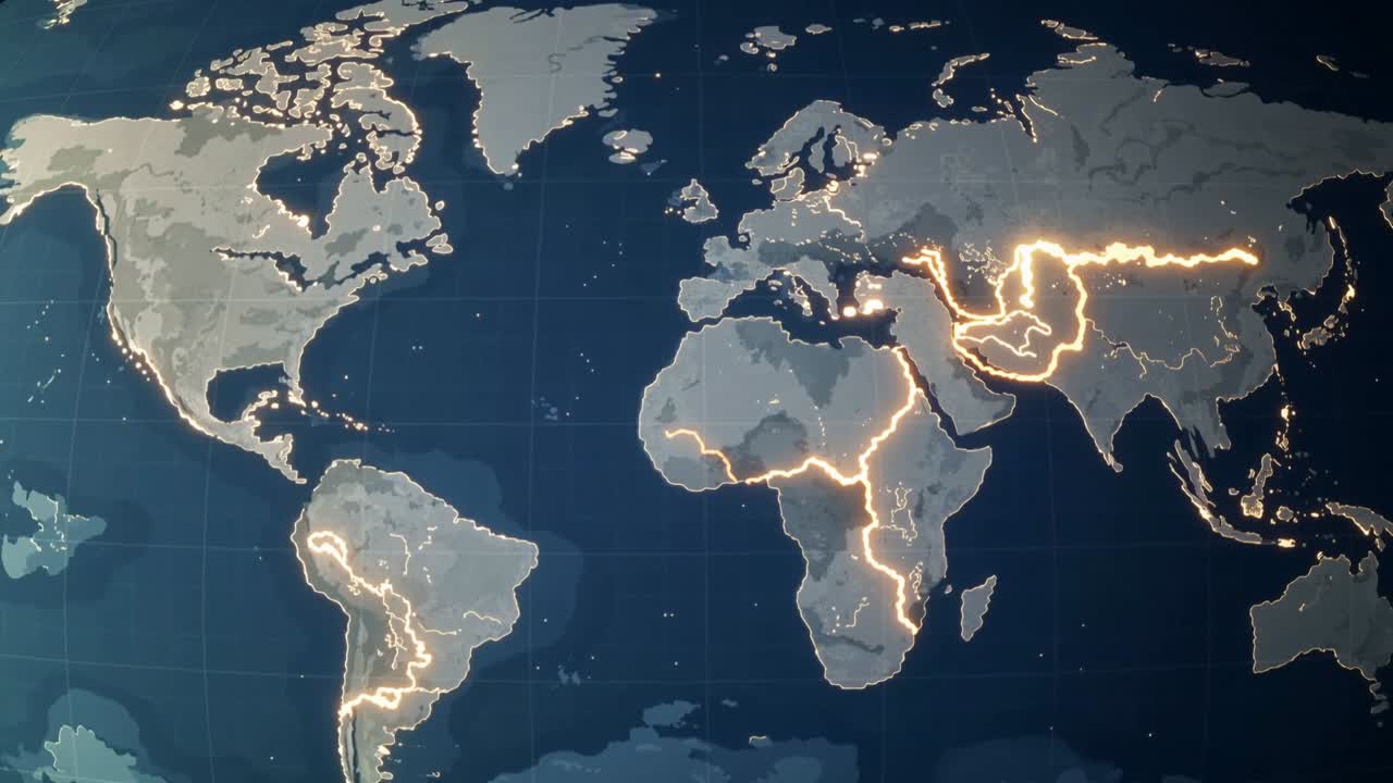 Animazione di una mappa del mondo stilizzata, impulso che parte dall'Eurasia, rotte luminose che si spostano, mostrando il flusso di dati.