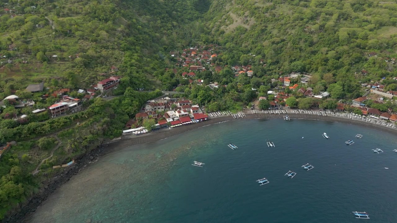 Secluded Holiday Spot Jemeluk Bay Amed Bali Indonesia Drone Descend Track In 4K 60FPS