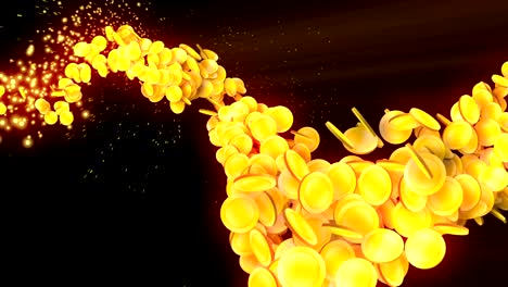 partículas de monedas de oro, animación en cg