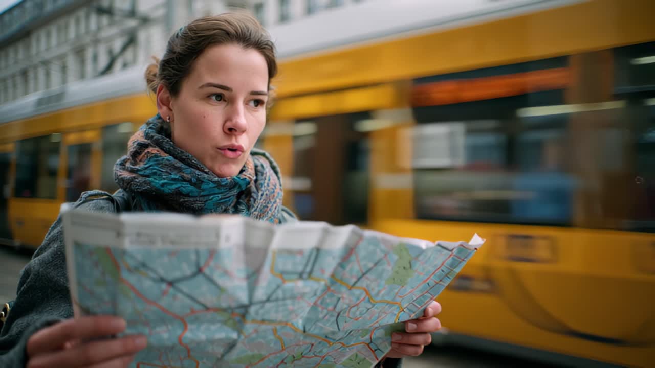 Nærbillede af en ung kvinde, der holder et papirbykort ved et bysporvognsstop, mens en gul sporvogn passerer i bevægelsessløring, rejsevejledning og pendlerkoncept