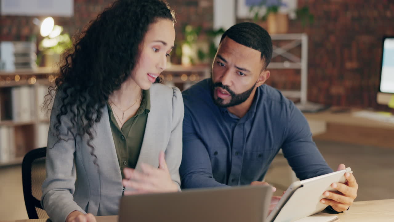 Teamwork, tablet or business people speaking