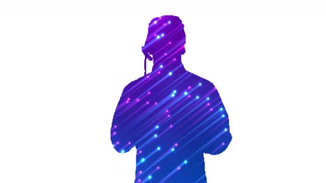 Animation-of-silhouette-of-businessman-talking-with-light-trails-on-white-background