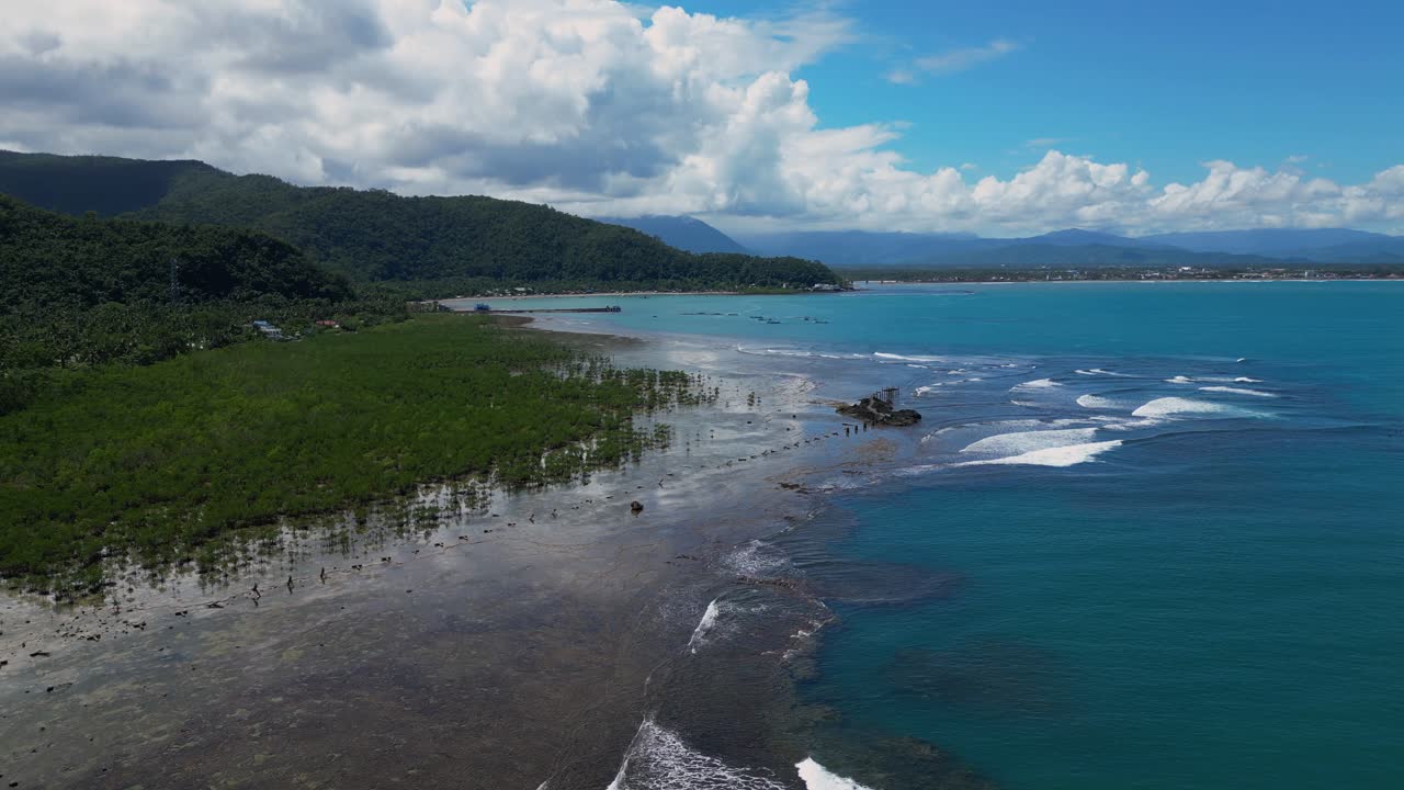 A wide drone shot reveals the vast expanse of the shore, where tall palm trees dot the coastline.