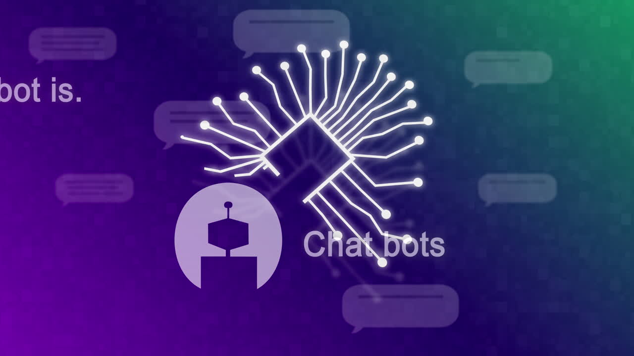 animación de chat y procesamiento de datos sobre fondo púrpura