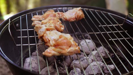 Putting-chicken-pieces-on-charcoal-home-bbq-grill