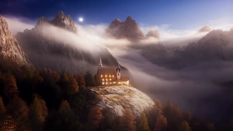 luminous church on a hilltop amidst foggy mountains at night