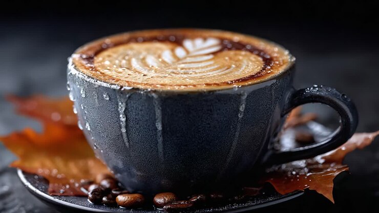 Warme und einladende Kaffeetasse, umgeben von Herbstlaub: Eine gemütliche und künstlerische Darstellung der Latte Art in einer wunderschön gestalteten Tasse