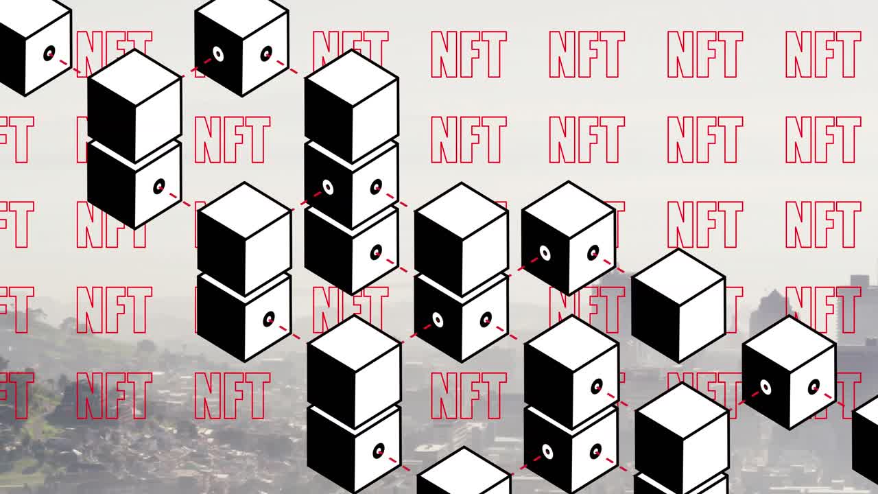 Animation of 3d blocks and multiple nft text banners against aerial view of cityscape