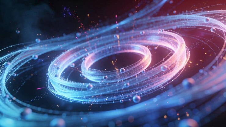 Spillende lagdelte ringe roterer, danner en spiral og lægger sig til ro i en torus i tomrummet med sfærer og gnister