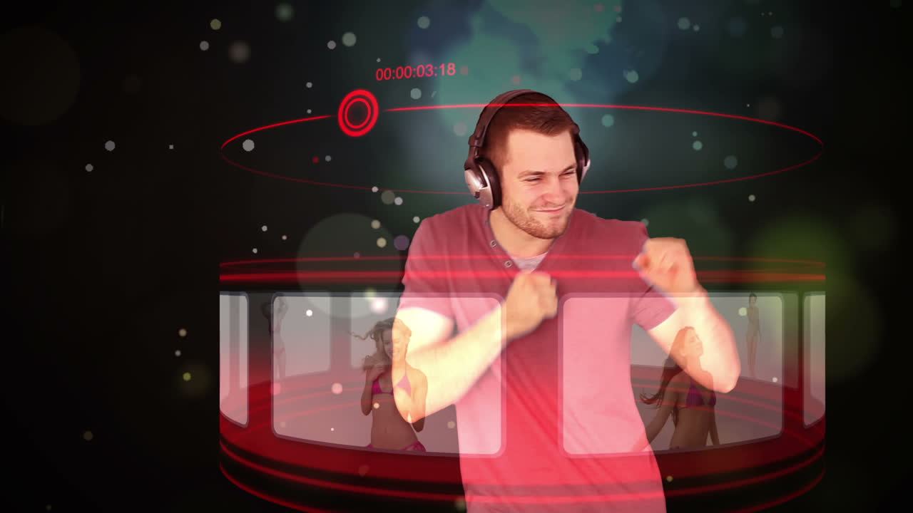 스크린에서 음악을 선택하는 남자와 함께 미래의 애니메이션