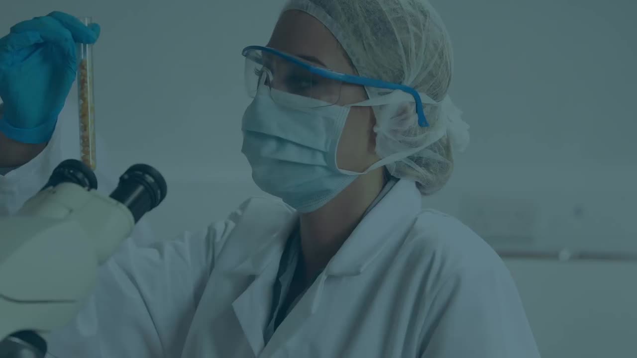 Animation of molecules over caucasian female scientist with microscope working in laboratory