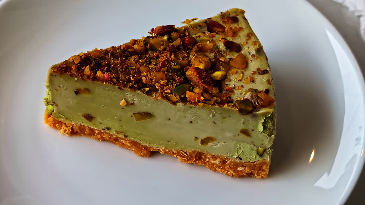 Creamy pistachio cheesecake slice topped with crunchy roasted nuts, close-up view