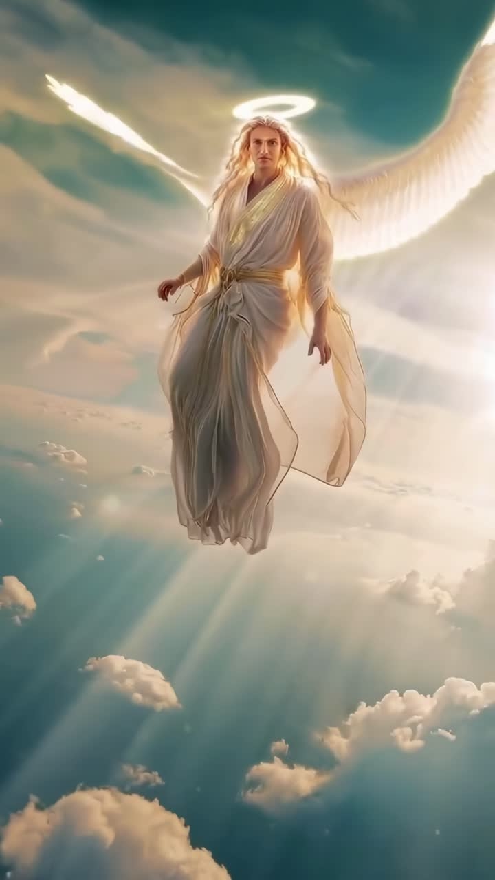 Ethereal angel above clouds, captured from a low angle, evokes a heavenly video scene